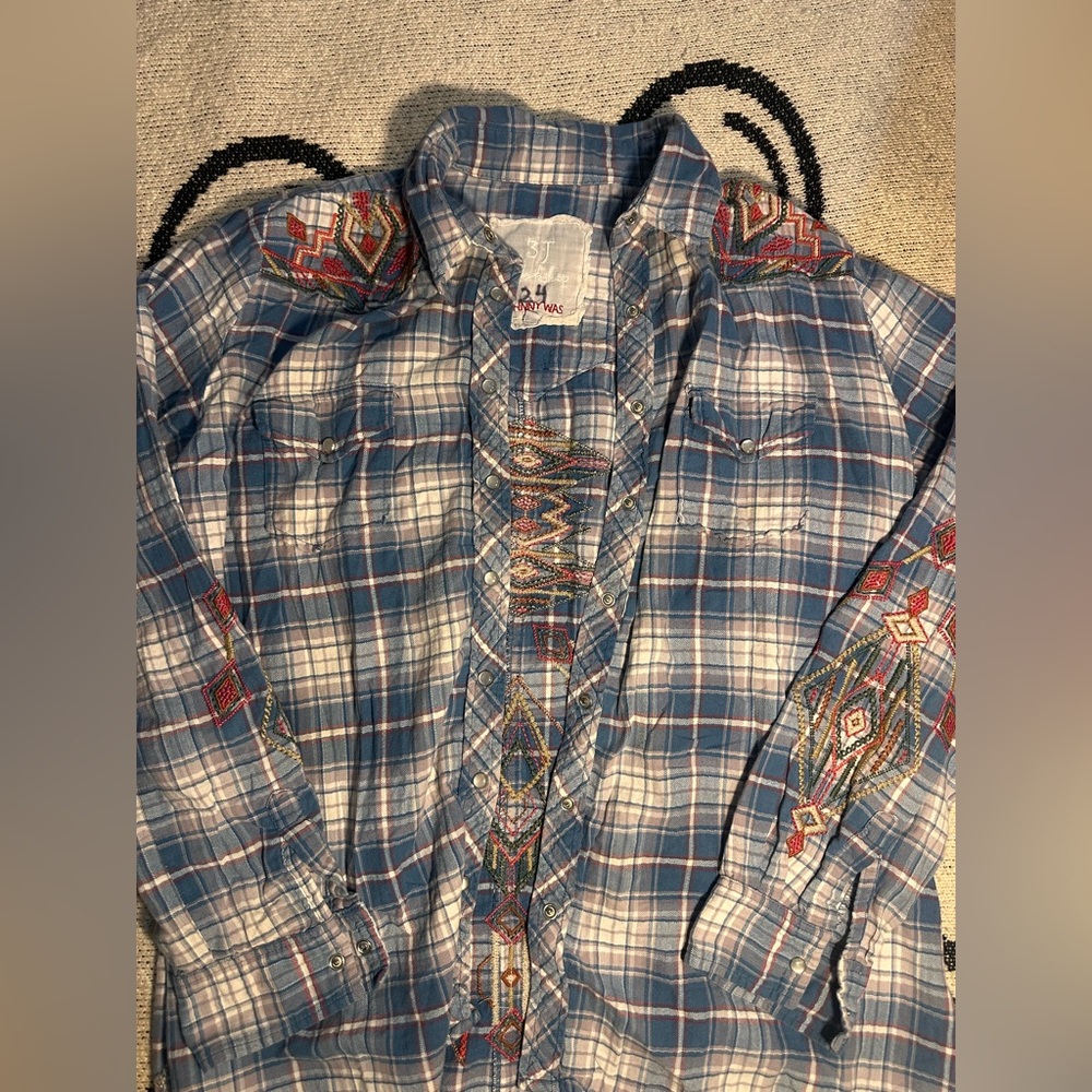 Johnny Was Multicolor Embroidered Plaid Shirt